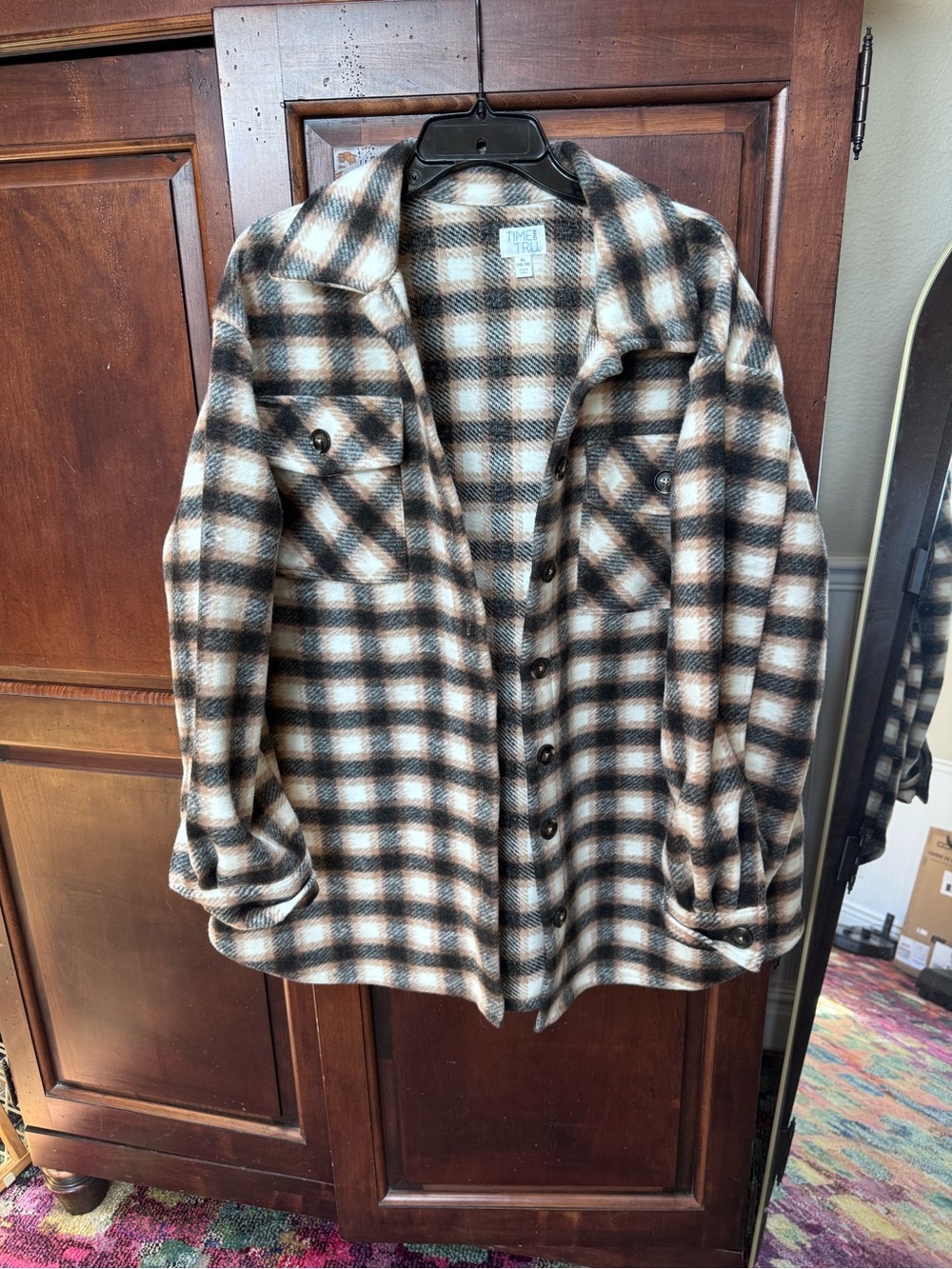 Time and Tru Plaid Button-Up Shacket in Brown, Black & Cream